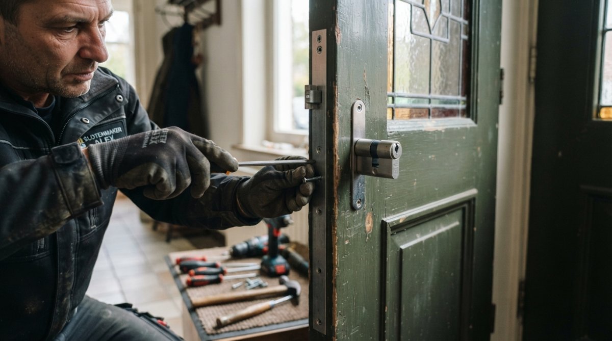 Een vakman die een veiligheidsslot en anti-inbraakstrip installeert op een voordeur in een Antwerpse woning, close-up van handen en gereedschap