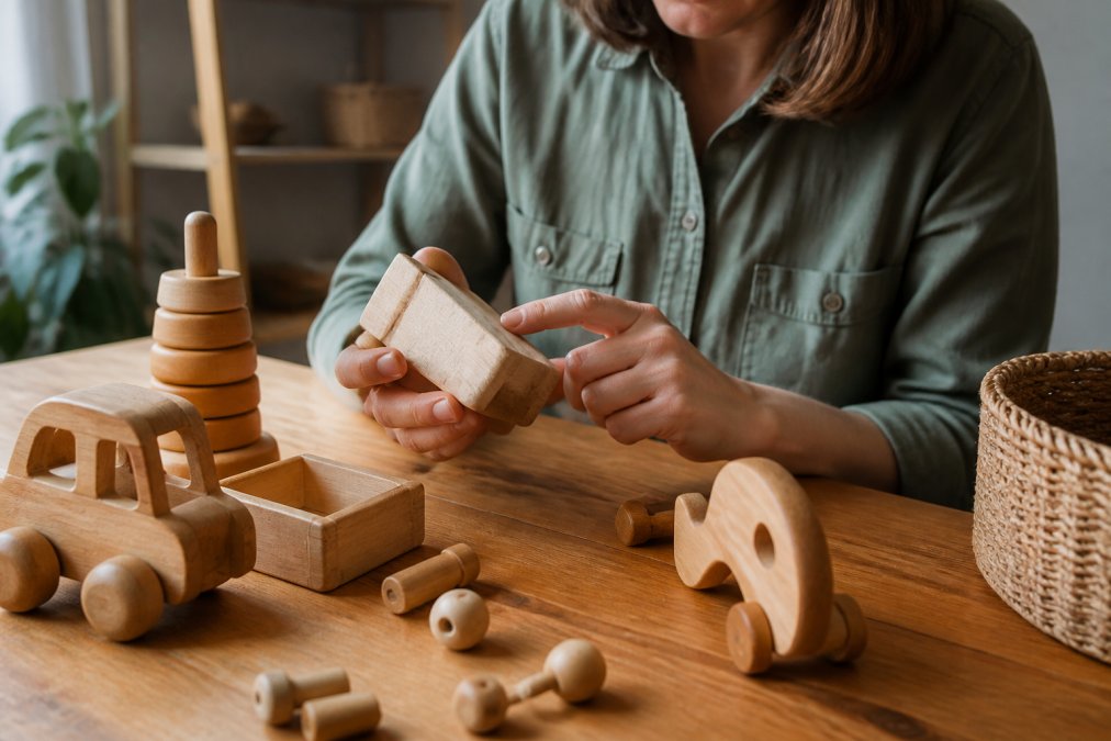 Ouder controleert houten speelgoed op gebreken volgens de veiligheidseisen natuurlijk speelgoed op tafel.