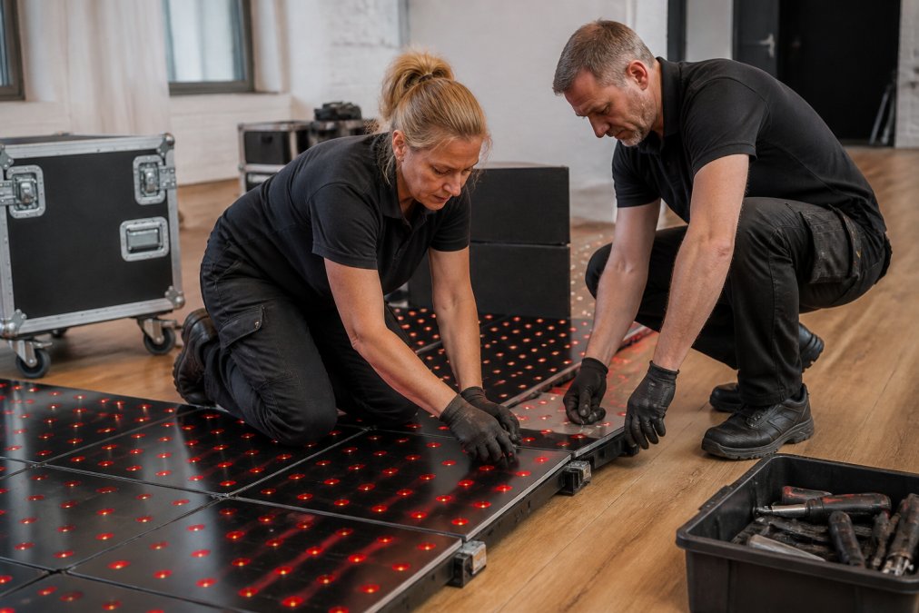 Professionele technicus en assistent installeren modulaire LED-dansvloertegels, met flightcase en gereedschap zichtbaar, controleren magnetische koppelingen en stroomverbindingen