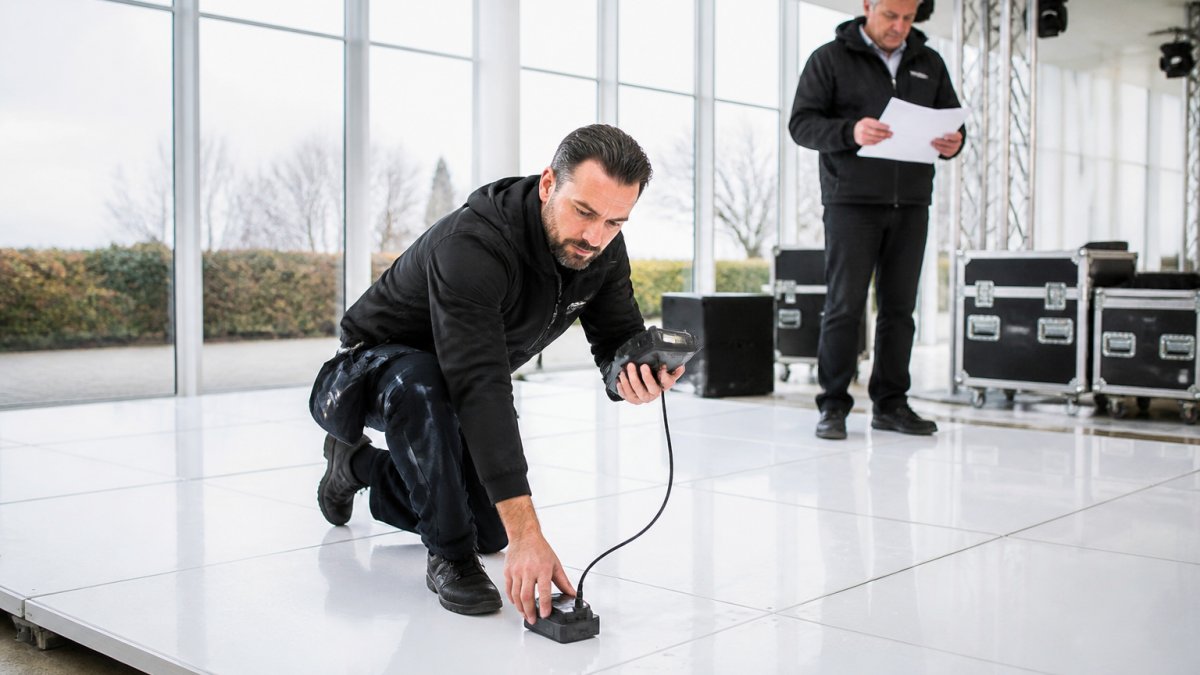 Brandveiligheidsdeskundige controleert materialen en certificaten van een verlichte dansvloer in een evenementenhal.
