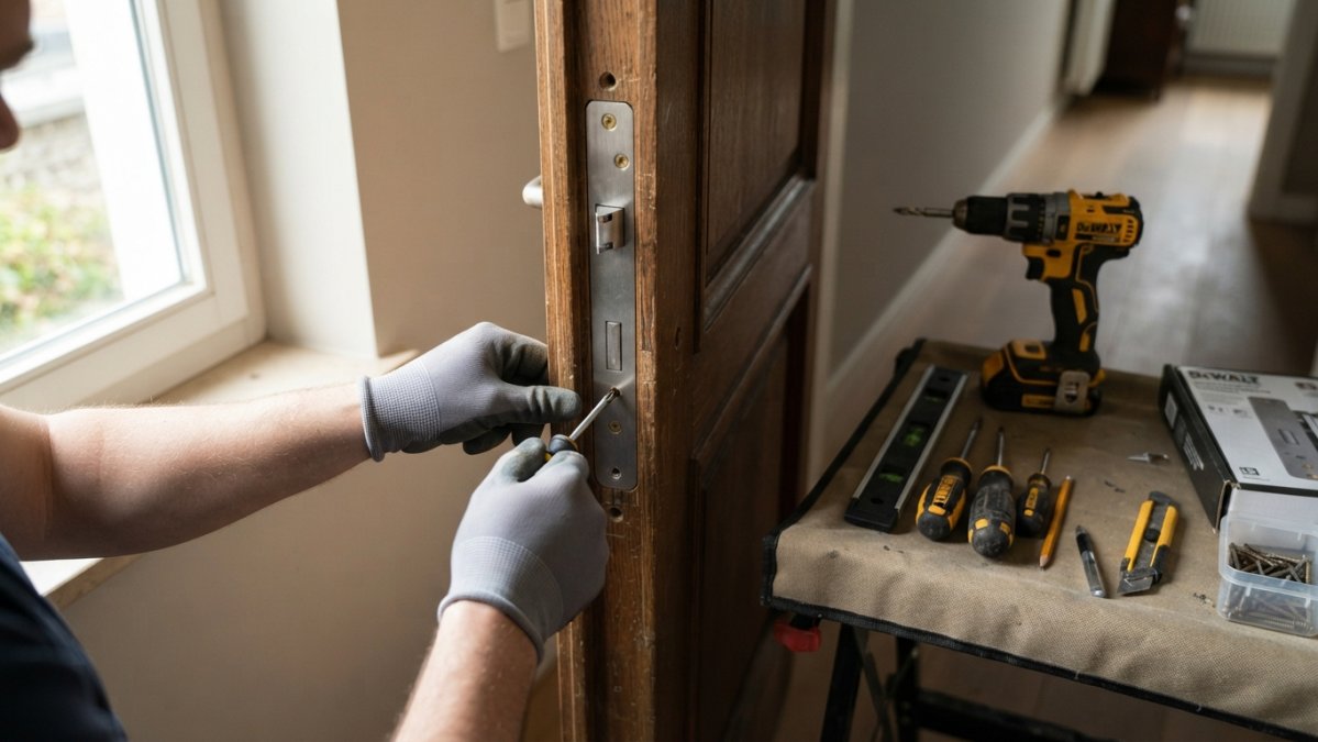 Close-up van twee handen die een veiligheidsslot in een houten deurframe schroeven, met boormachine en schroevendraaier op een werkblad ernaast, natuurlijk daglicht van links