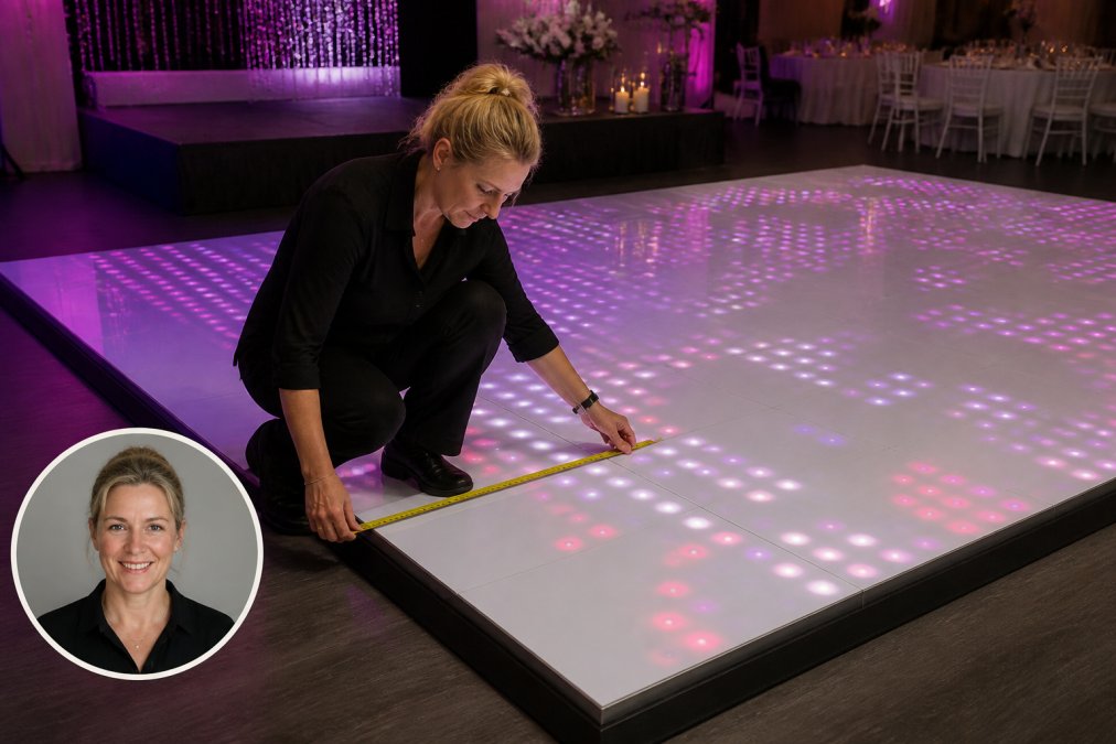 Petra Keizer inspecteert de afmetingen en indeling van een dansvloer op een bruiloftslocatie, met duidelijk zichtbare markeringen en meetlint