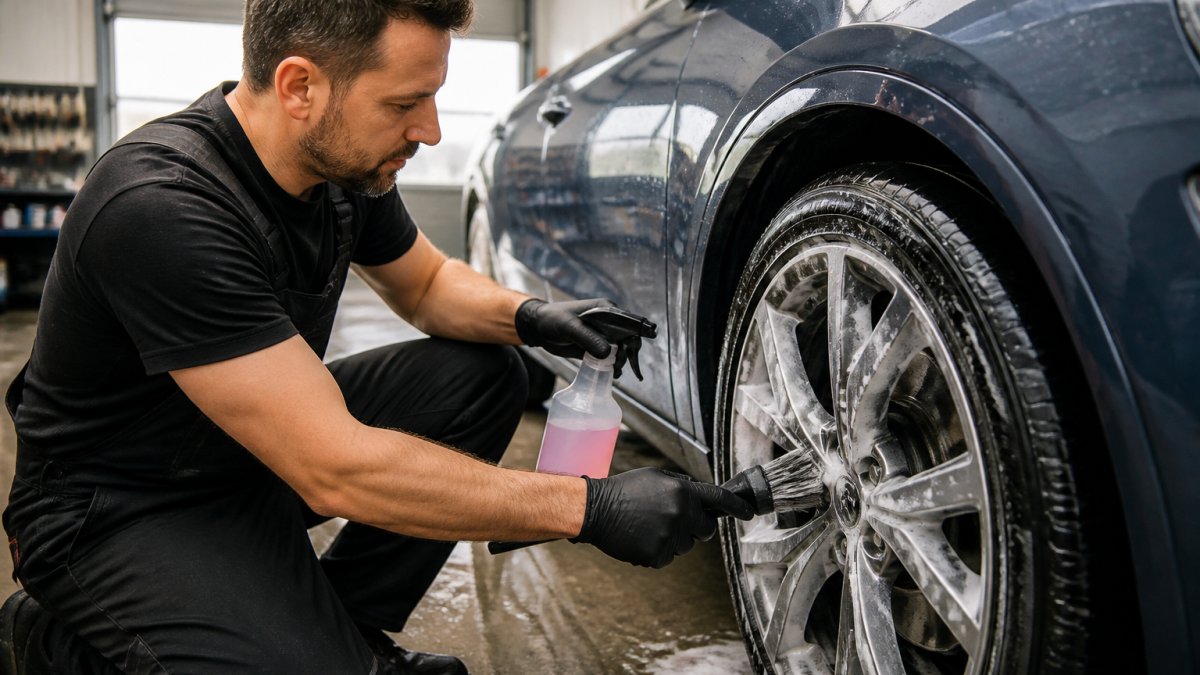 Professionele detailer reinigt velg met spuitfles velgenreiniger en velgenborstel, schuim en water zichtbaar op aluminium, natuurlijke werkplaatsverlichting