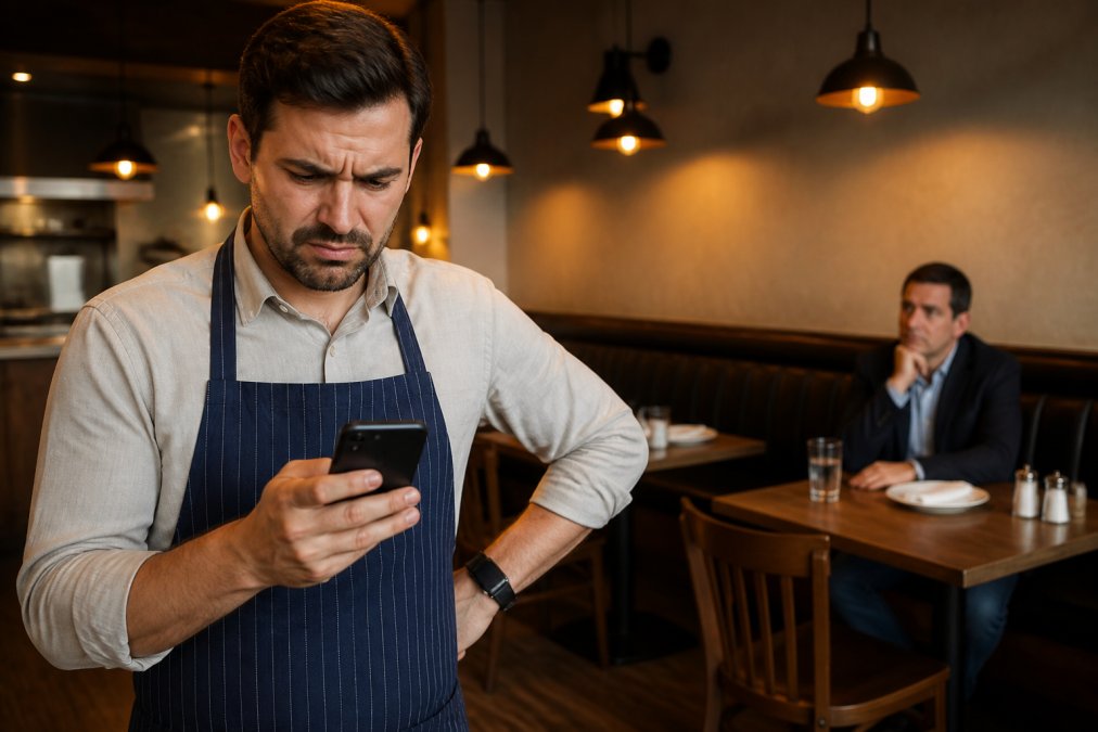 Dueño de restaurante frustrado con su móvil ante la lenta velocidad de carga mientras un cliente espera en la mesa.