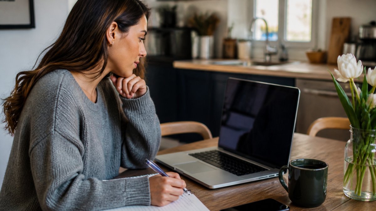 A young adult sitting at a kitchen table with a laptop, notebook, and coffee, reviewing a financial dashboard on screen with a calm, focused expression