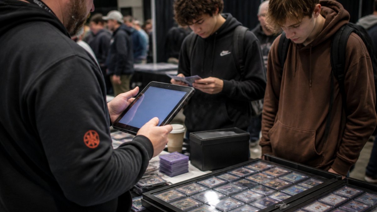 Card show vendor using iPad to process a sale at a booth while customers browse Magic the Gathering cards in the background, natural show lighting