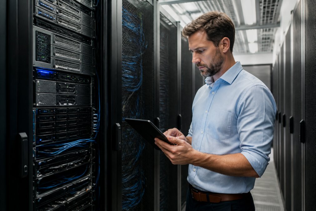 A data centre manager in a smart casual shirt reviewing server rack telemetry on a tablet, surrounded by modern server racks with organised cabling and cool blue LED lighting
