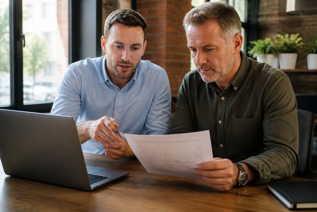 Vendor Agnostic IT Support Benefits for Growing Teams 1 IT consultant and business owner reviewing cost breakdowns to implement vendor agnostic IT support in a bright office.