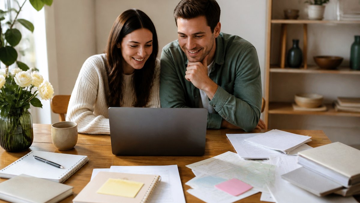 Engaged couple at a desk using a laptop to organize wedding notes and digital planning tools