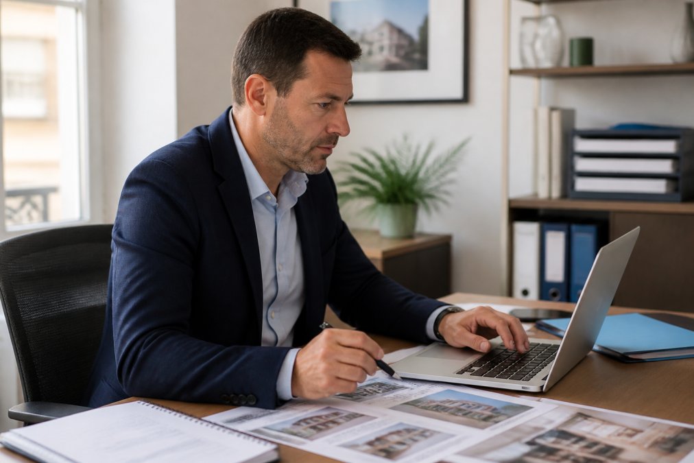 Conseiller immobilier analysant des données de marché sur un ordinateur portable dans un bureau moderne, avec des graphiques et statistiques visibles à l'écran