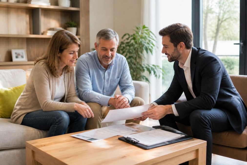 Propriétaires en consultation avec un conseiller immobilier dans un salon lumineux, discutant de documents d'estimation et de stratégie de vente