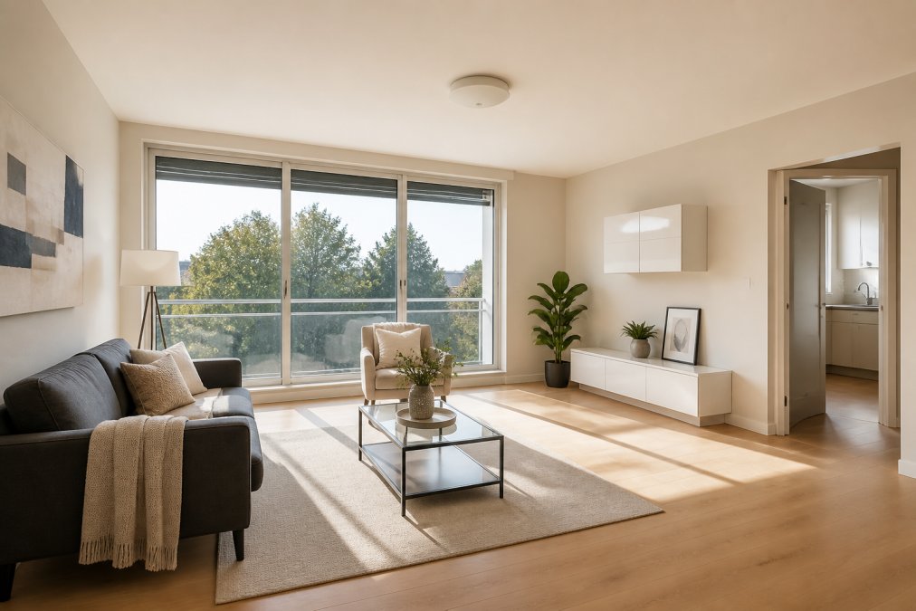 Un salon lumineux et épuré avec murs peints en tons neutres, mobilier minimaliste, grandes fenêtres laissant entrer la lumière naturelle, et vue dégagée sur la pièce créant une ambiance spacieuse et accueillante