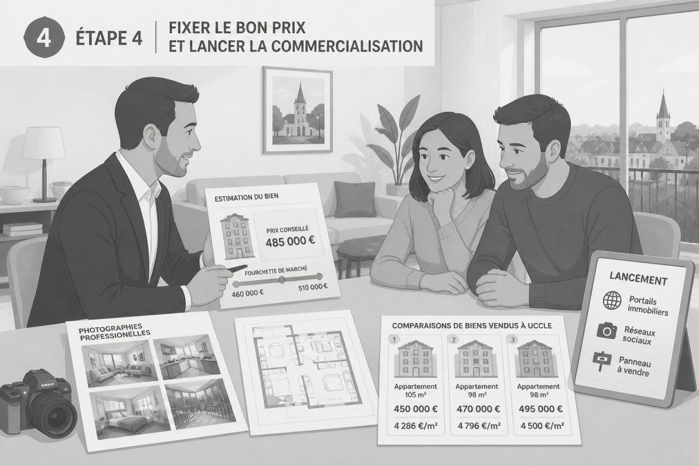 Un agent immobilier montrant des documents d'estimation et des plans à un couple de propriétaires dans un salon d'appartement à Uccle, avec photographies professionnelles du bien et comparaisons tarifaires sur la table