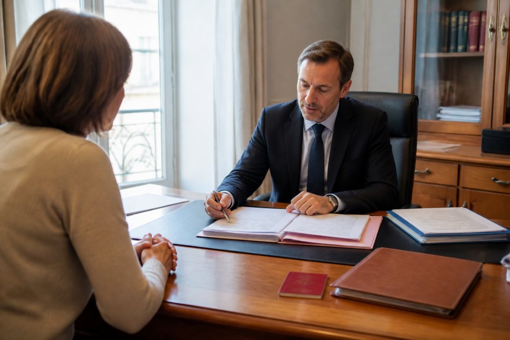 Notaire en costume conseillant un client pour vendre bien immobilier succession dans un bureau avec des documents officiels.