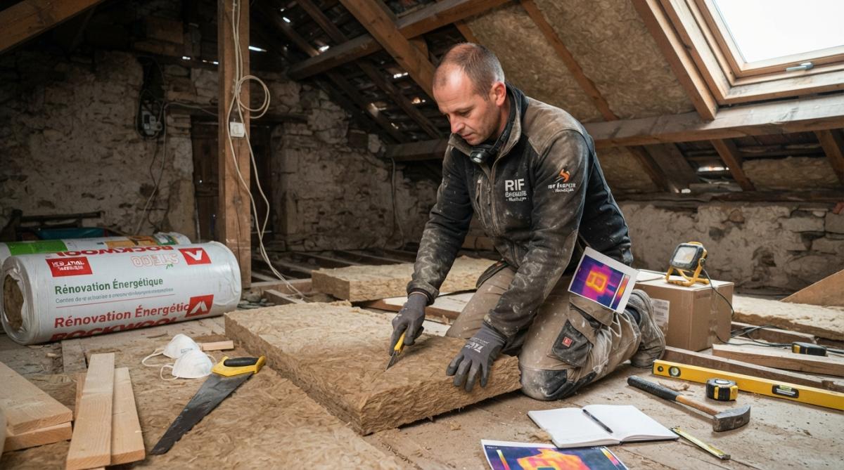 Artisan isolant les murs intérieurs d'une maison ancienne avec matériau isolant visible, montrant les travaux de rénovation thermique en cours