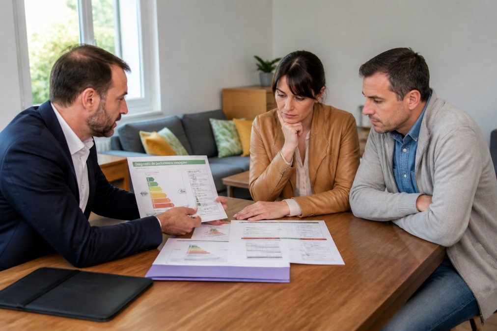 Conseiller immobilier présentant un diagnostic de performance énergétique à un couple d'acheteurs dans un salon lumineux, documents détaillés visibles sur la table