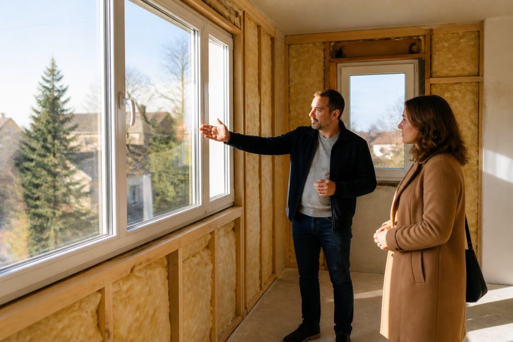 Propriétaire montrant l'isolation thermique et les fenêtres double vitrage d'une maison à un visiteur potentiel lors d'une visite, lumière naturelle abondante