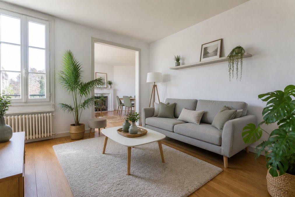 Un salon lumineux et désencombré avec mobilier moderne, plantes vertes et décoration épurée, montrant un intérieur valorisé et prêt pour les visites