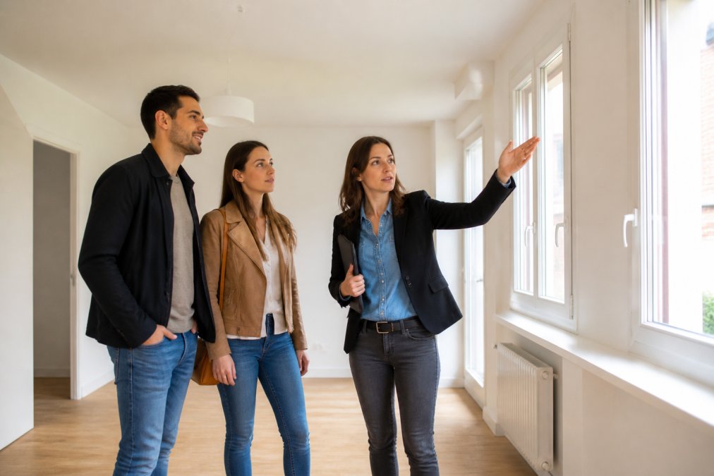 Un couple de primo-accédants visitant une maison, observant attentivement les pièces avec le conseiller immobilier qui les guide
