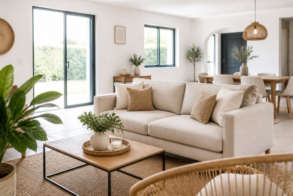 Un salon lumineux et épuré après home staging, avec un canapé neutre, des coussins décoratifs beiges, une plante verte et des murs blancs, baigné de lumière naturelle, prêt pour une visite immobilière