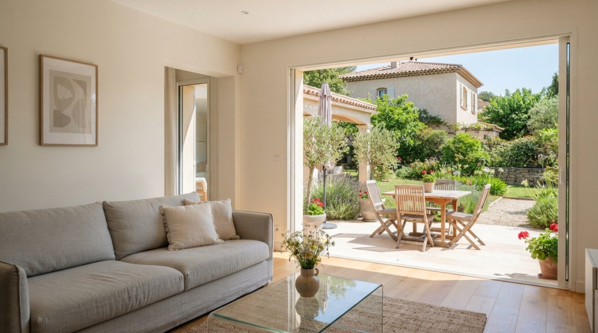 Villa bien préparée avec intérieur désencombré, murs neutres, éclairage naturel optimal, jardin entretenu et terrasse accueillante