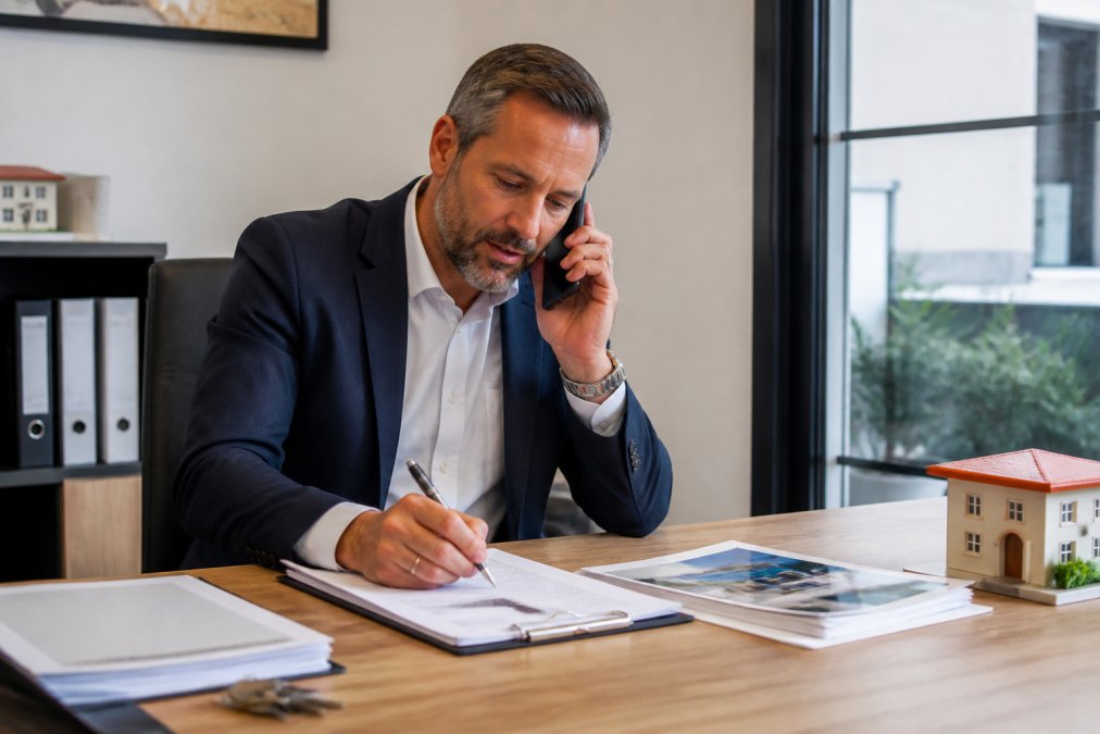 Conseiller immobilier en conversation téléphonique professionnelle, assis à son bureau avec documents immobiliers et dossier d'acheteur visibles, prenant des notes avec stylo sur un formulaire de qualification