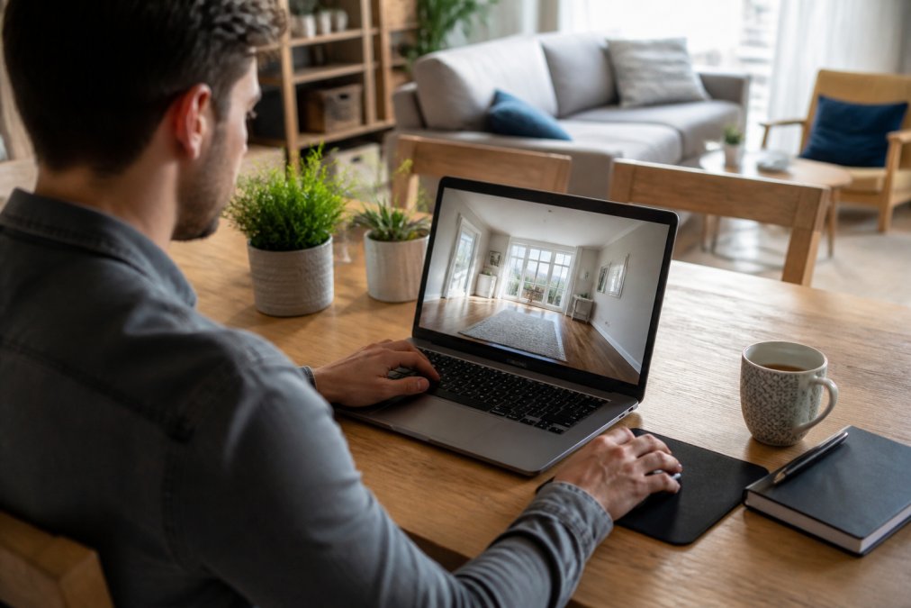 Acheteur potentiel explorant une visite virtuelle 360° immobilière sur son ordinateur portable, assis confortablement chez lui, consultant les pièces et détails du bien avec souris et clavier visibles