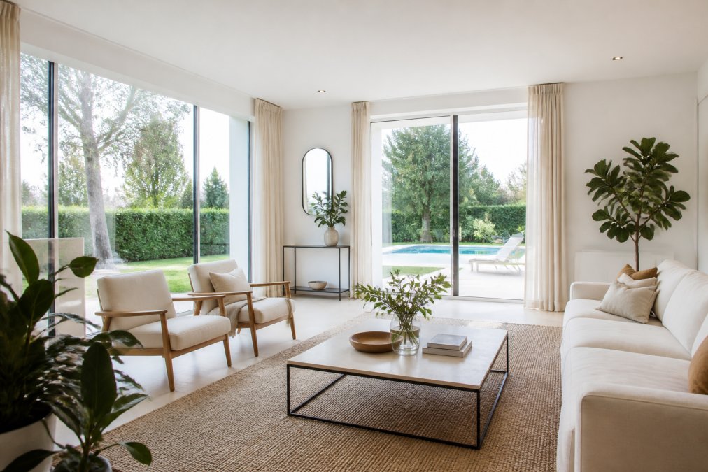 Un salon lumineux et aéré avec meubles modernes épurés, plantes vertes et décoration minimaliste, créant une sensation d'espace et de clarté avec lumière naturelle abondante