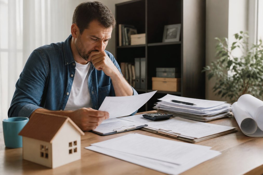 Propriétaire frustré consultant des devis de rénovation pour vendre bien DPE G à son bureau encombré de documents.