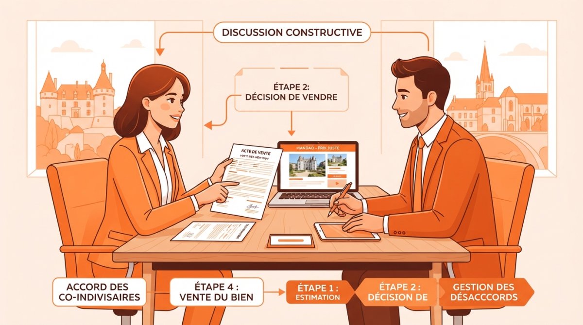 Deux propriétaires en discussion constructive autour d'une table avec documents de vente et plans du bien immobilier, dans un bureau lumineux