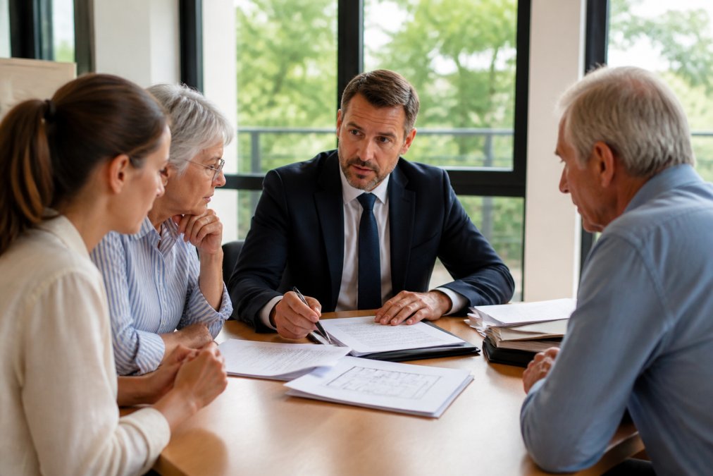 Notaire et famille discutant autour d'une table avec des documents de succession et des plans immobiliers, dans un bureau professionnel lumineux avec grandes fenêtres