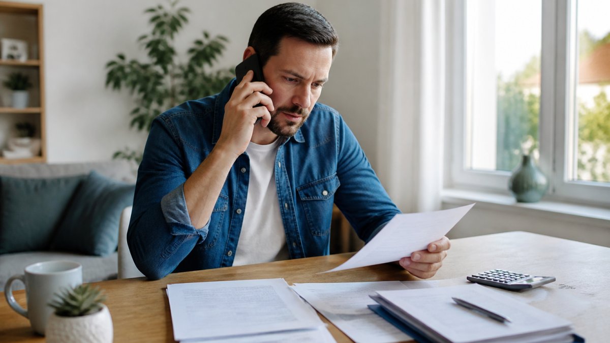 Propriétaire consultant un document de prêt immobilier à son domicile, téléphone à la main, préparant son appel à la banque, lumière naturelle de la fenêtre