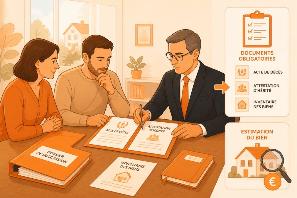 Notaire consultant des documents de succession avec deux héritiers assis autour d'une table en bois, dossiers ouverts et stylo en main, lumière naturelle par la fenêtre