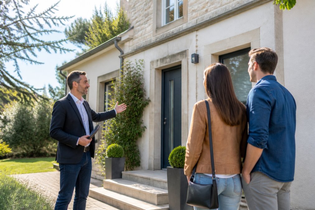 Conseiller immobilier montrant l'entrée principale d'une propriété à deux acheteurs potentiels en visite, lumière du jour éclairant la façade, arbres en arrière-plan