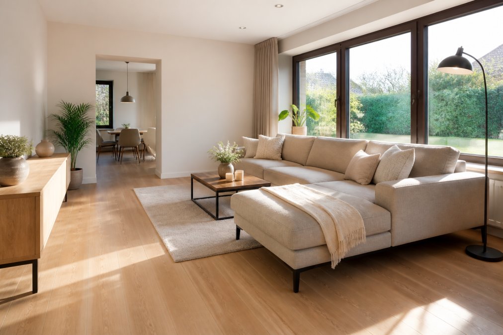 Un salon lumineux et bien aménagé avec mobilier moderne et épuré, décoration minimaliste, grandes fenêtres laissant entrer la lumière naturelle, parquet clair, quelques plantes vertes discrètes et coussins neutres sur le canapé