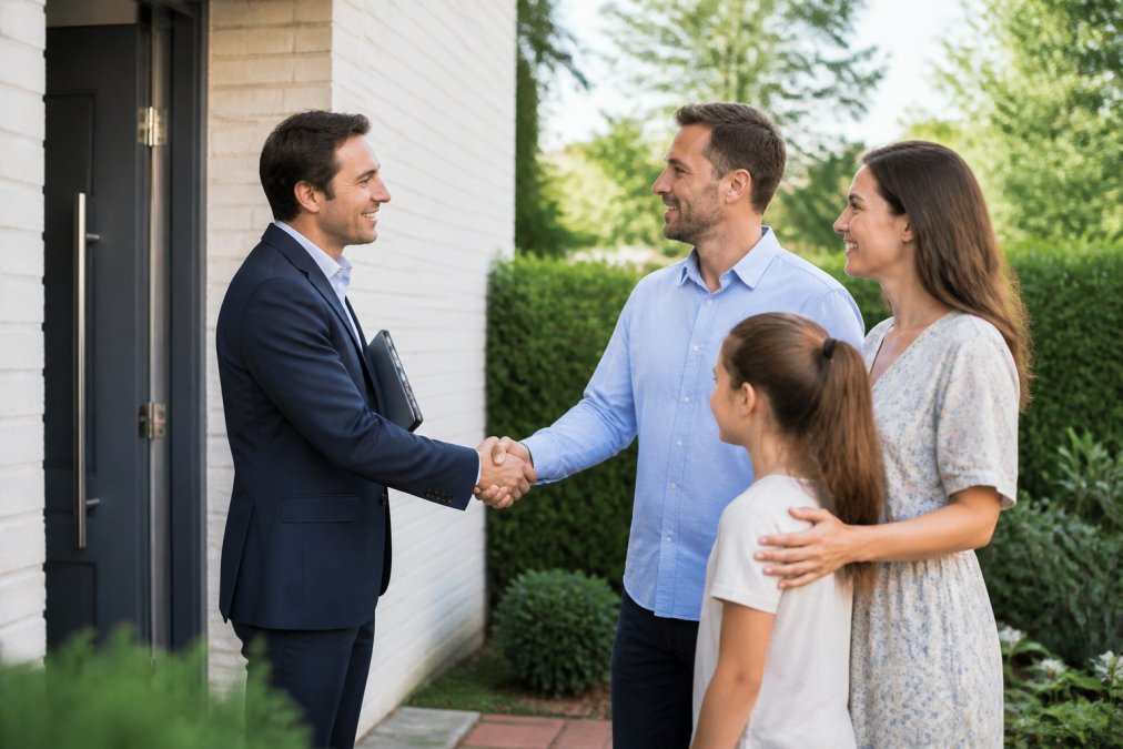 Un agent immobilier montrant une maison à une famille intéressée, sourires et poignée de main devant la porte d'entrée, lumière naturelle du jour, environnement calme et verdoyant