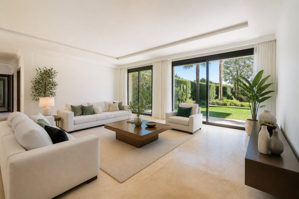 Salon épuré et lumineux mis en valeur pour vendre une villa, agrémenté de plantes et d'une vue sur jardin.
