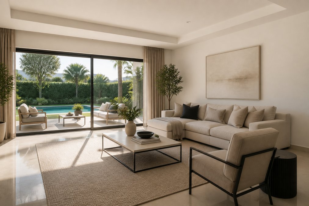 Salon lumineux et épuré avec mobilier moderne, murs neutres, grandes fenêtres laissant entrer la lumière naturelle, décoration minimaliste mettant en valeur l'espace et les proportions du bien immobilier
