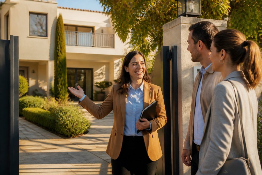 Agent immobilier professionnel accueillant des visiteurs à l'entrée d'une belle villa, échanges cordiaux et sourires, jardin bien entretenu visible en arrière-plan, lumière naturelle de fin d'après-midi
