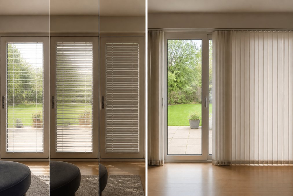 Split-screen comparison showing a patio door with Venetian blinds at various tilt angles on the left (fully open allowing bright sunlight, partially angled filtering soft light, fully closed for privacy) and vertical blinds on the right (fully open for unobstructed view, fully closed for complete privacy), with annotations showing light penetration and privacy levels at each position