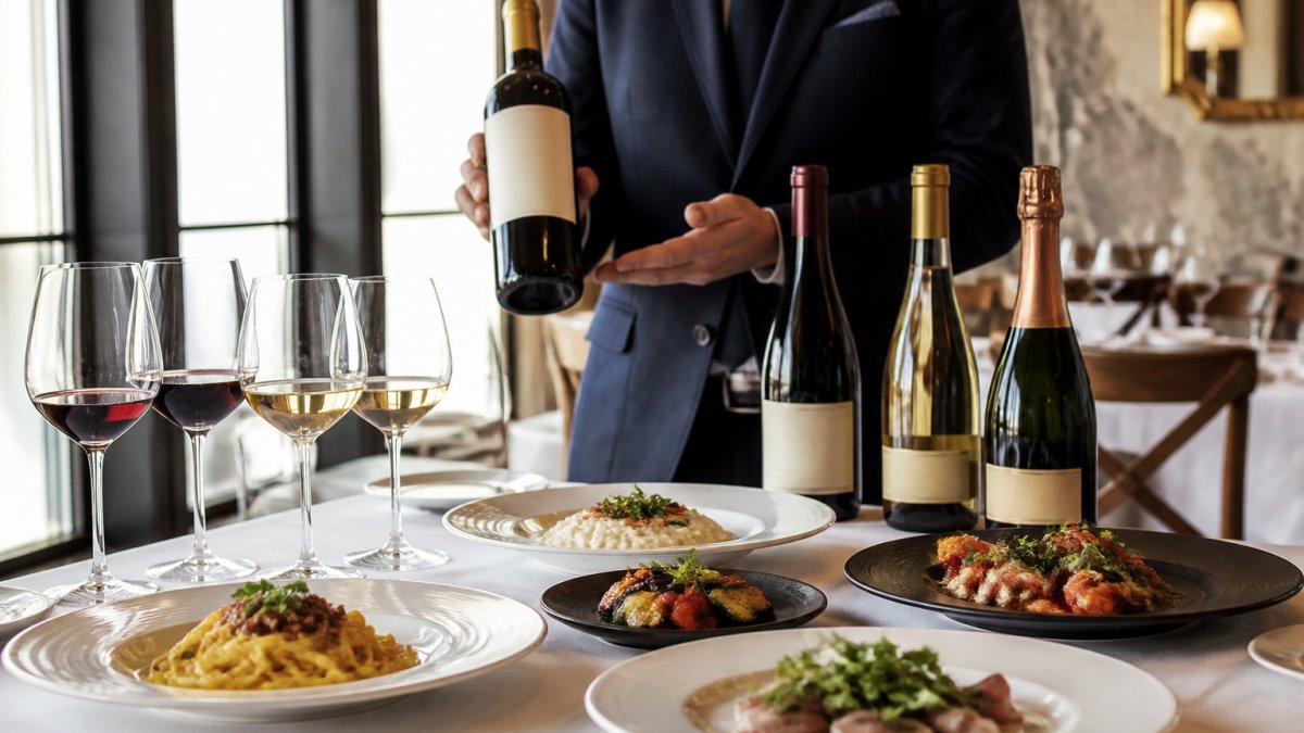 Sommelier presenting premium Veneto wine bottles alongside plated Italian dishes on a restaurant table, natural light highlighting wine colours and food presentation