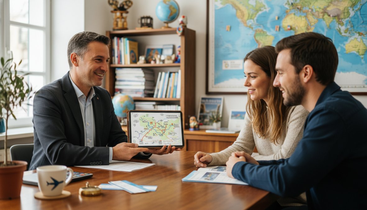 Ventajas de contratar agencia de viajes: guía completa 3 Un agente de viajes sonriente mostrando un itinerario personalizado en una tablet a una pareja joven sentada al otro lado de un escritorio en una agencia moderna y luminosa