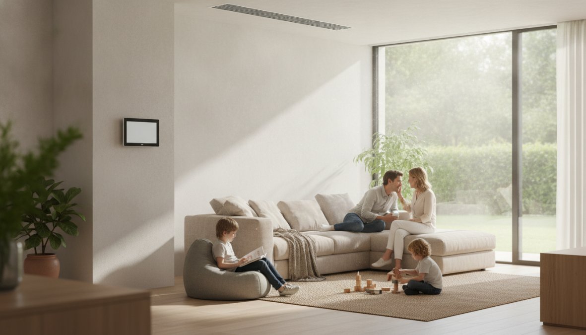 Interior moderno de un salón amplio con techo de escayola liso y rejillas de climatización empotradas apenas visibles, termostato táctil rectangular montado en la pared de color blanco, luz natural entrando por ventanales, ambiente ordenado y minimalista