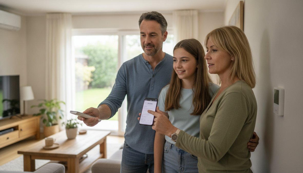 Persona sosteniendo un smartphone con la aplicación de control de climatización por zonas abierta, mostrando una interfaz con varias habitaciones y controles de temperatura, en el salón de un apartamento moderno con luz cálida