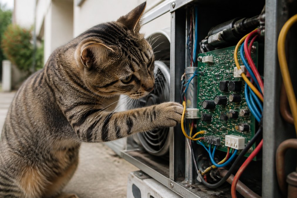 Gato curioso examinando componentes para reparar placas electrónicas aire acondicionado en un taller con luz natural.