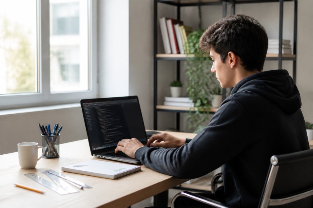 Estudiante concentrado trabajando en su portátil en un espacio de trabajo moderno, con código visible en la pantalla, libreta de notas al lado, y luz natural de ventana iluminando el escritorio