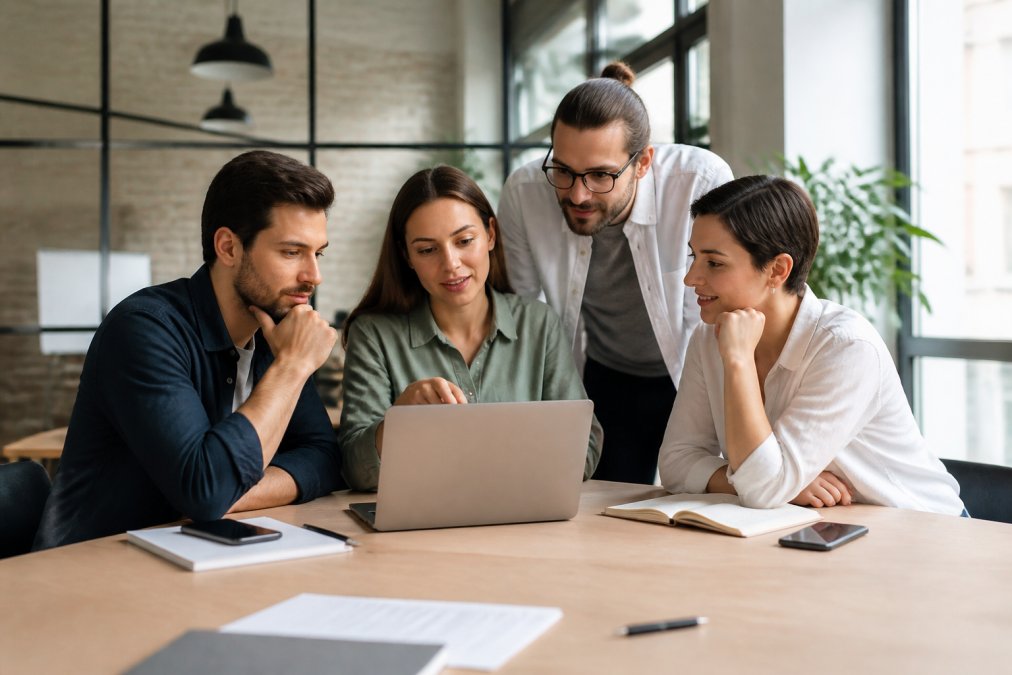 Equipo de agencia colaborando ante un portátil con un constructor web sin código en una oficina luminosa.
