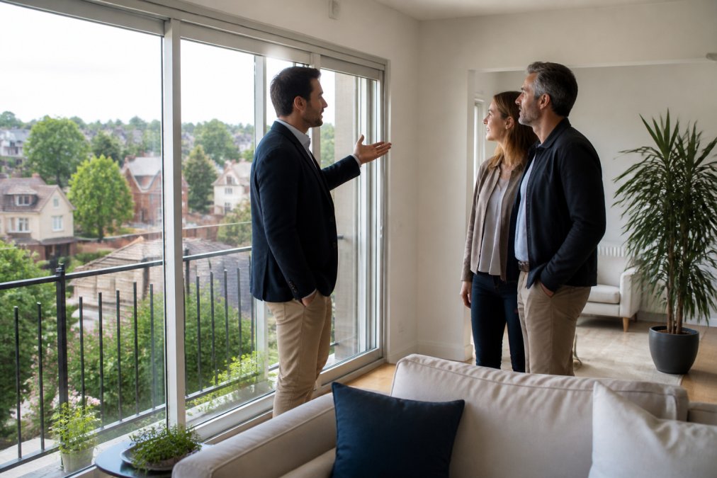 Agent immobilier accueillant un couple lors de la vente appartement Uccle dans un intérieur lumineux avec vue sur le