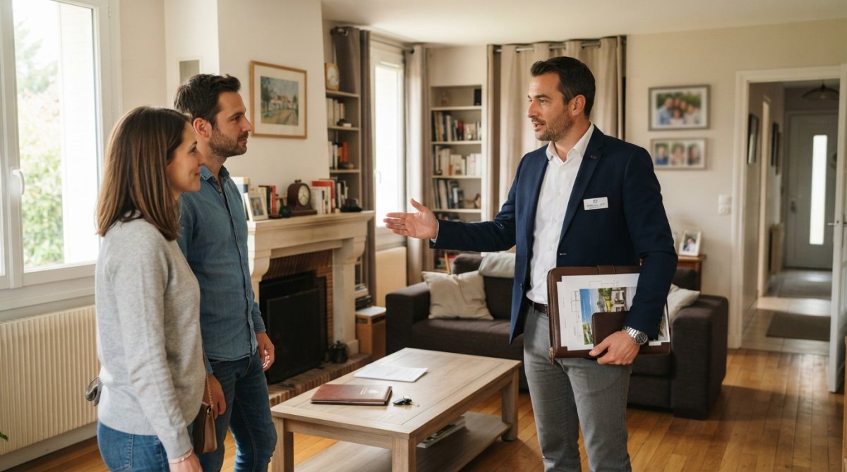 Un conseiller immobilier accueillant des visiteurs potentiels dans le salon d'une maison, avec une ambiance professionnelle et discrète, lumière naturelle douce