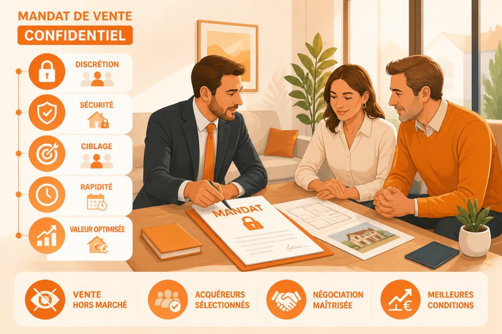 Conseiller immobilier professionnel en costume discutant avec un couple propriétaire dans un salon lumineux, examinant ensemble des documents de mandat de vente sur une table en bois, lumière naturelle entrant par les fenêtres